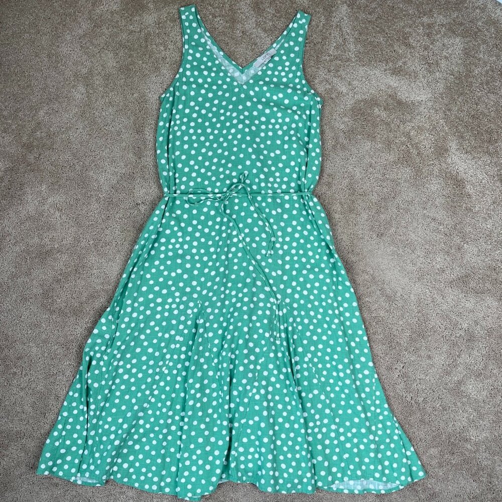 Loft Linen Dress Womens S Green Sleeveless Polka-dot Sundress Vacation Resort